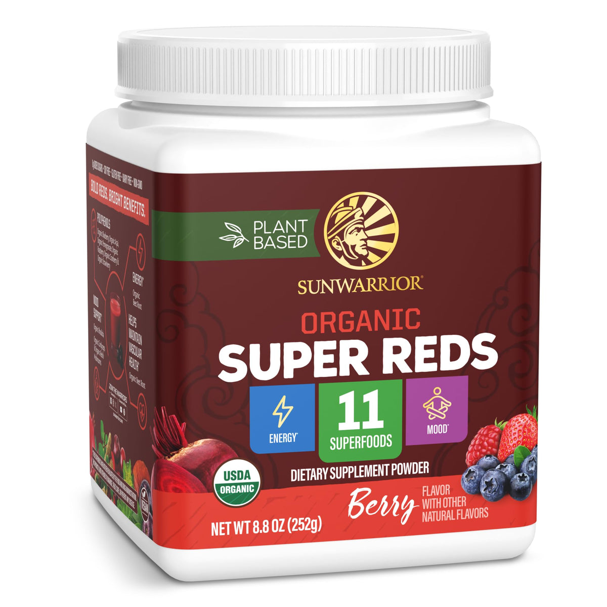 Sunwarrior Organic Super Reds jar shows powder for daily energy and wellness.