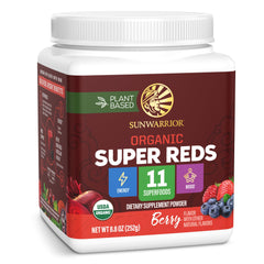 Sunwarrior Organic Super Reds jar shows powder for daily energy and wellness.