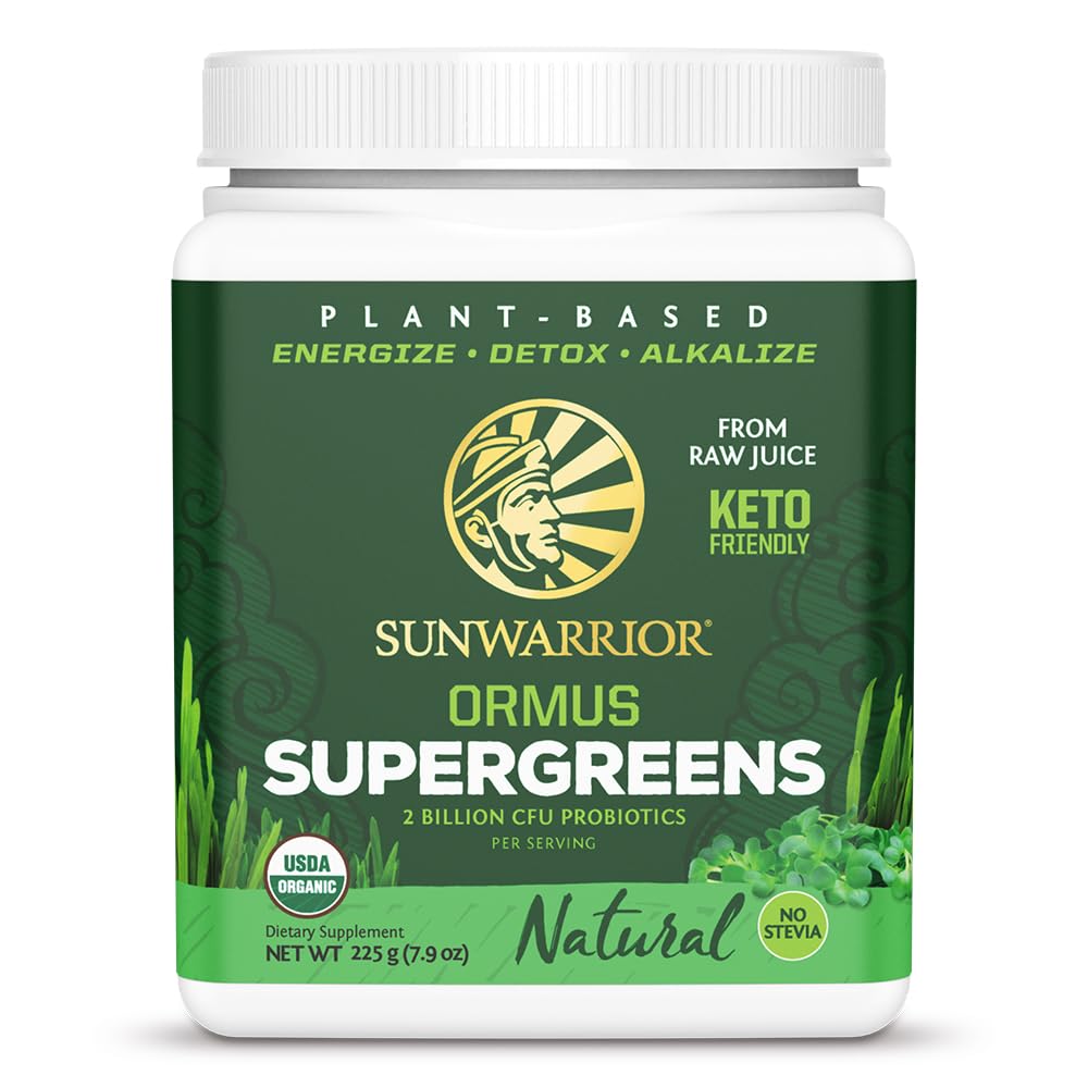 Sunwarrior Ormus Supergreens bottle front showing clean organic ingredients for daily greens