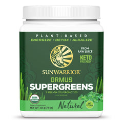 Sunwarrior Ormus Supergreens bottle front showing clean organic ingredients for daily greens