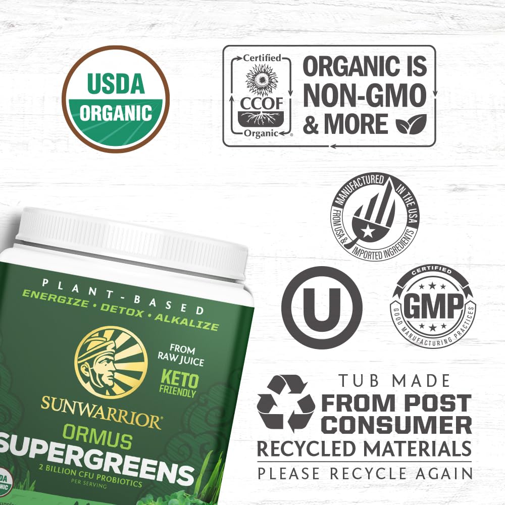 Sunwarrior Ormus Supergreens ingredients panel emphasizes probiotic and mineral blend