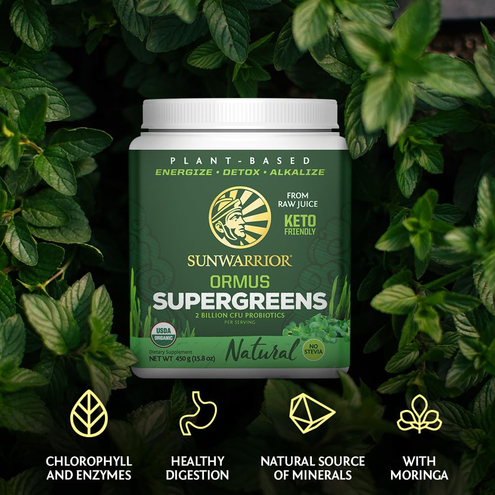 Sunwarrior Ormus Supergreens jar closeup reveals vibrant green powder texture