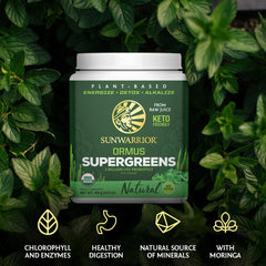 Sunwarrior Ormus Supergreens jar closeup reveals vibrant green powder texture