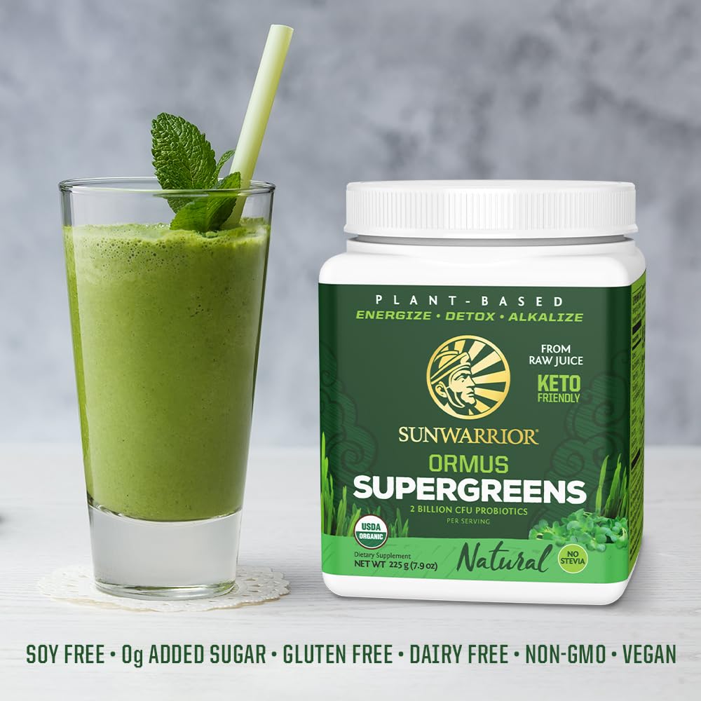 Sunwarrior Ormus Supergreens prepared smoothie scene suggests easy mixability