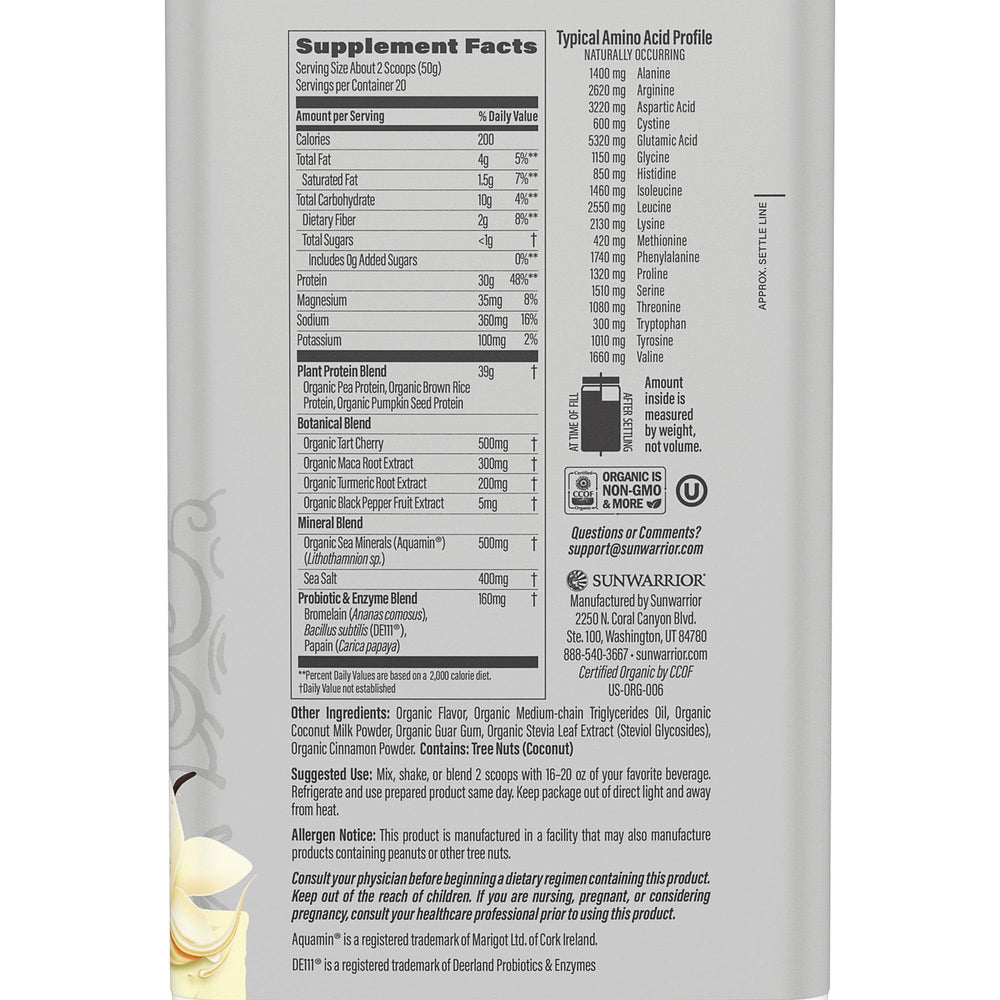 Sunwarrior plant-based protein powder scoop emphasizes complete amino acids for recovery.