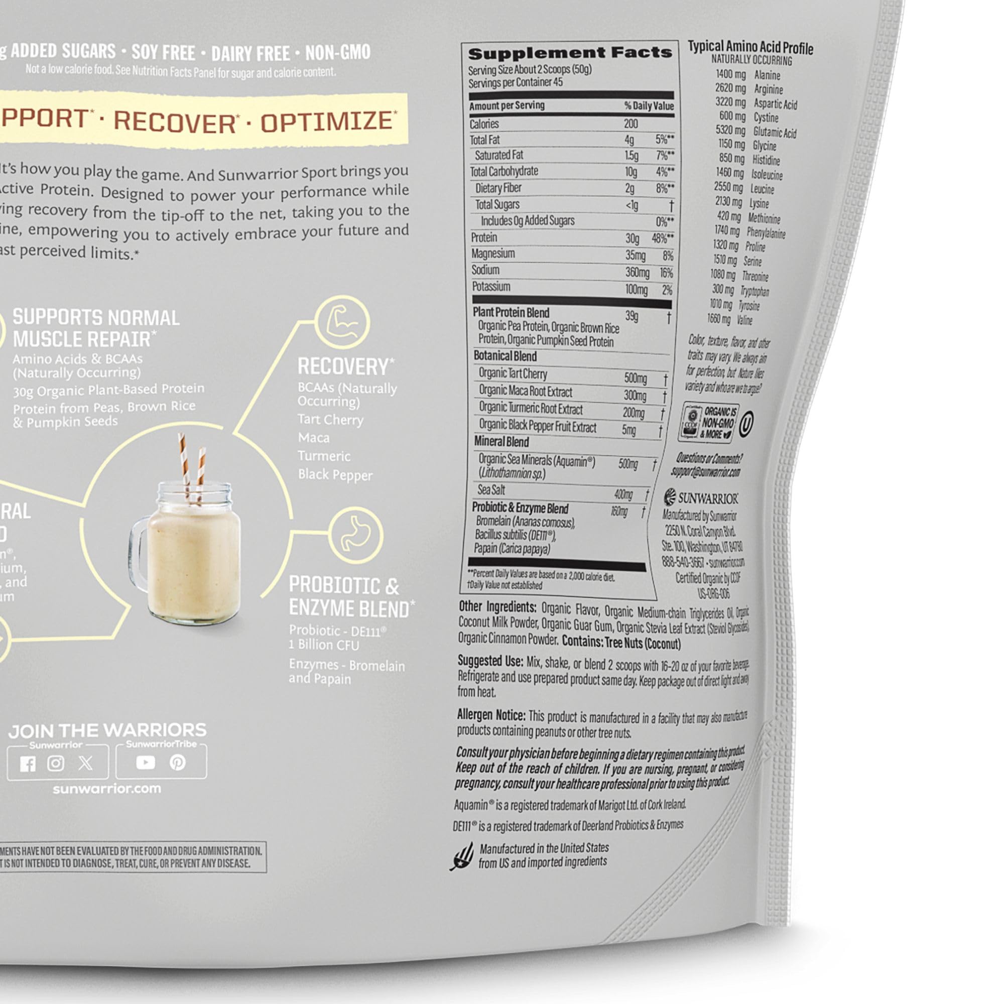 Sunwarrior plant-based protein vanilla bottle close-up showing clean ingredients