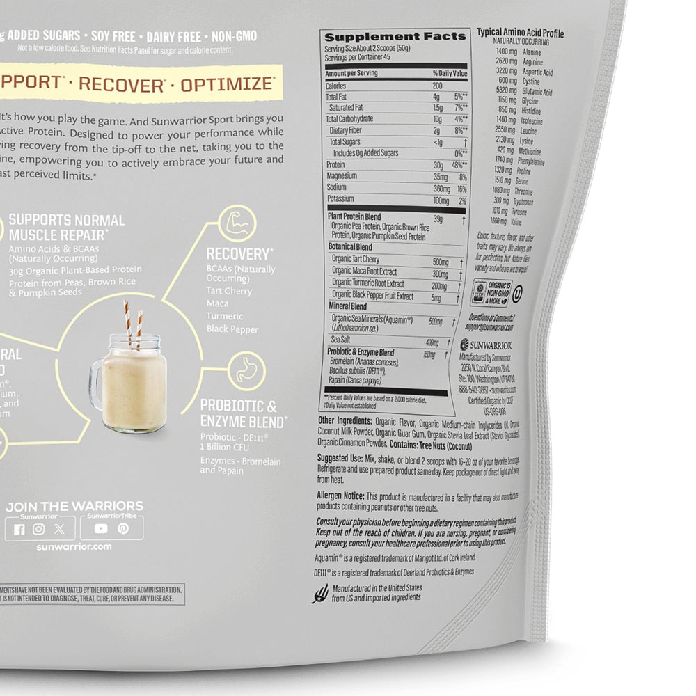 Sunwarrior plant-based protein vanilla bottle close-up showing clean ingredients