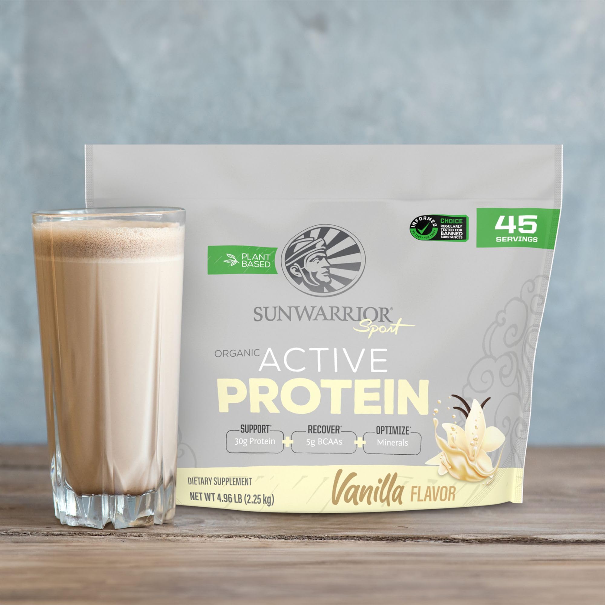 Sunwarrior plant protein bag with scoop shows clean ingredients