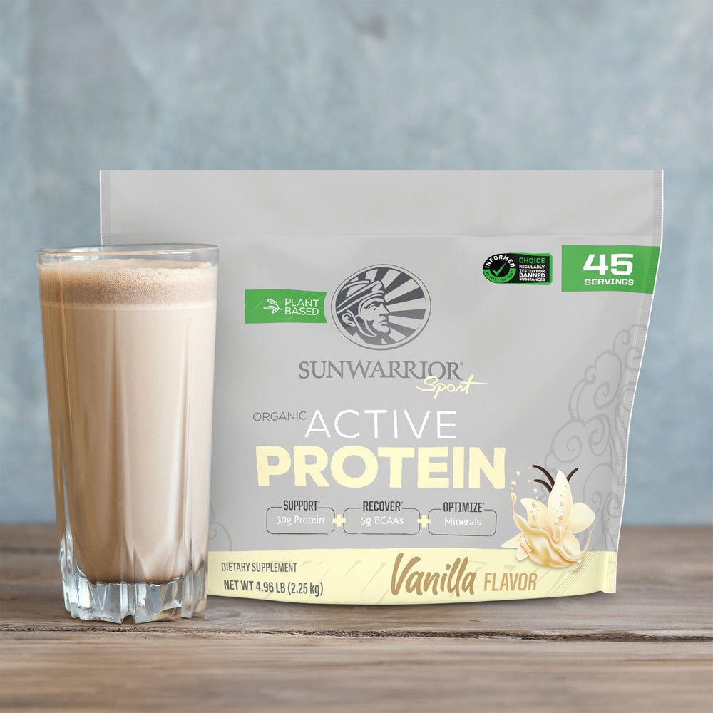 Sunwarrior plant protein bag with scoop shows clean ingredients