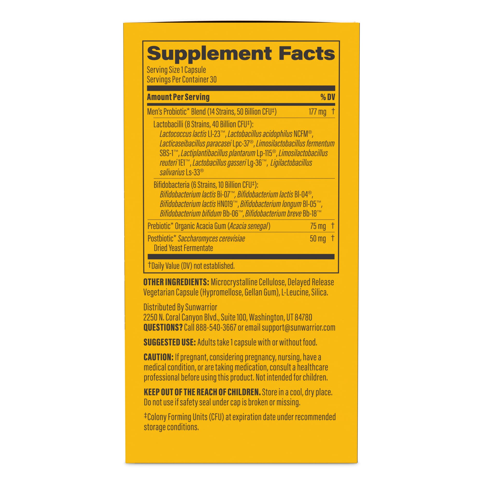 Sunwarrior probiotic bottle front showcases 30 servings for daily gut-support use.