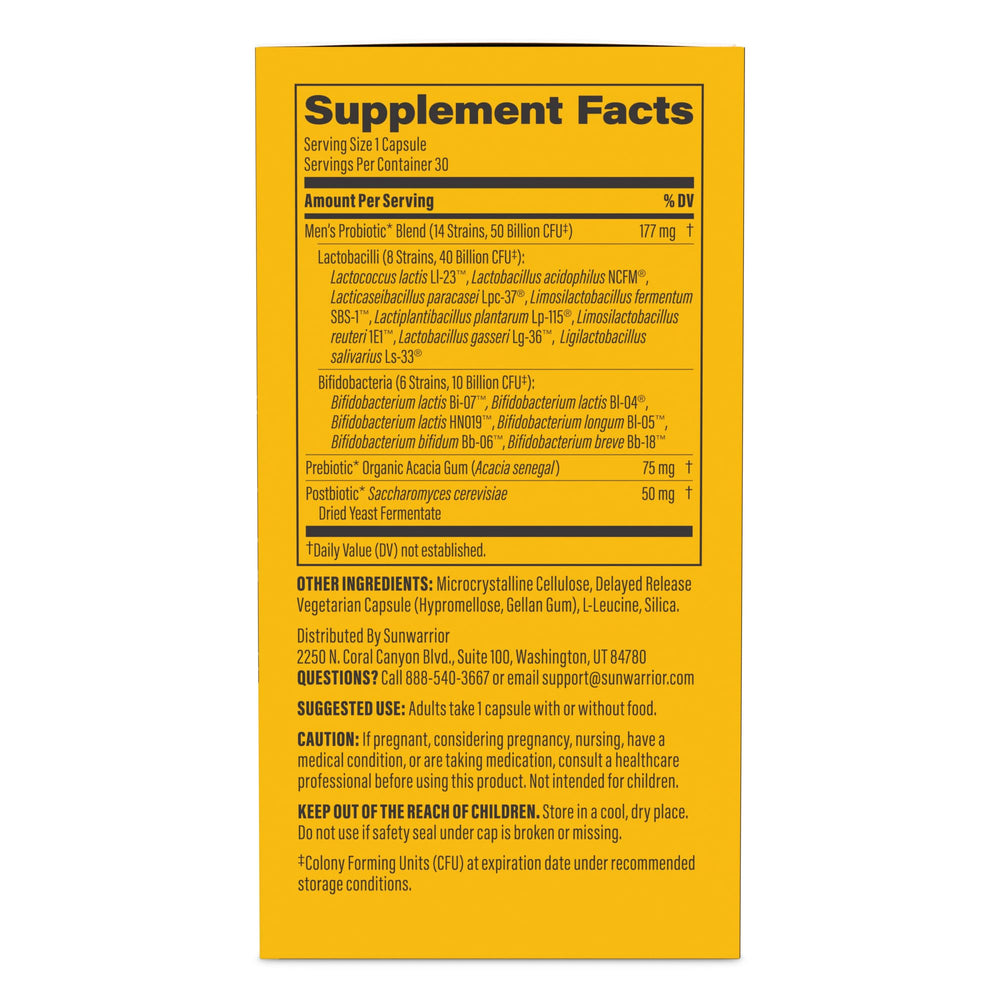 Sunwarrior probiotic bottle front showcases 30 servings for daily gut-support use.