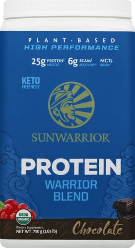 Dairy-free Sunwarrior chocolate protein label confirms soy-free, gluten-free nutrition.