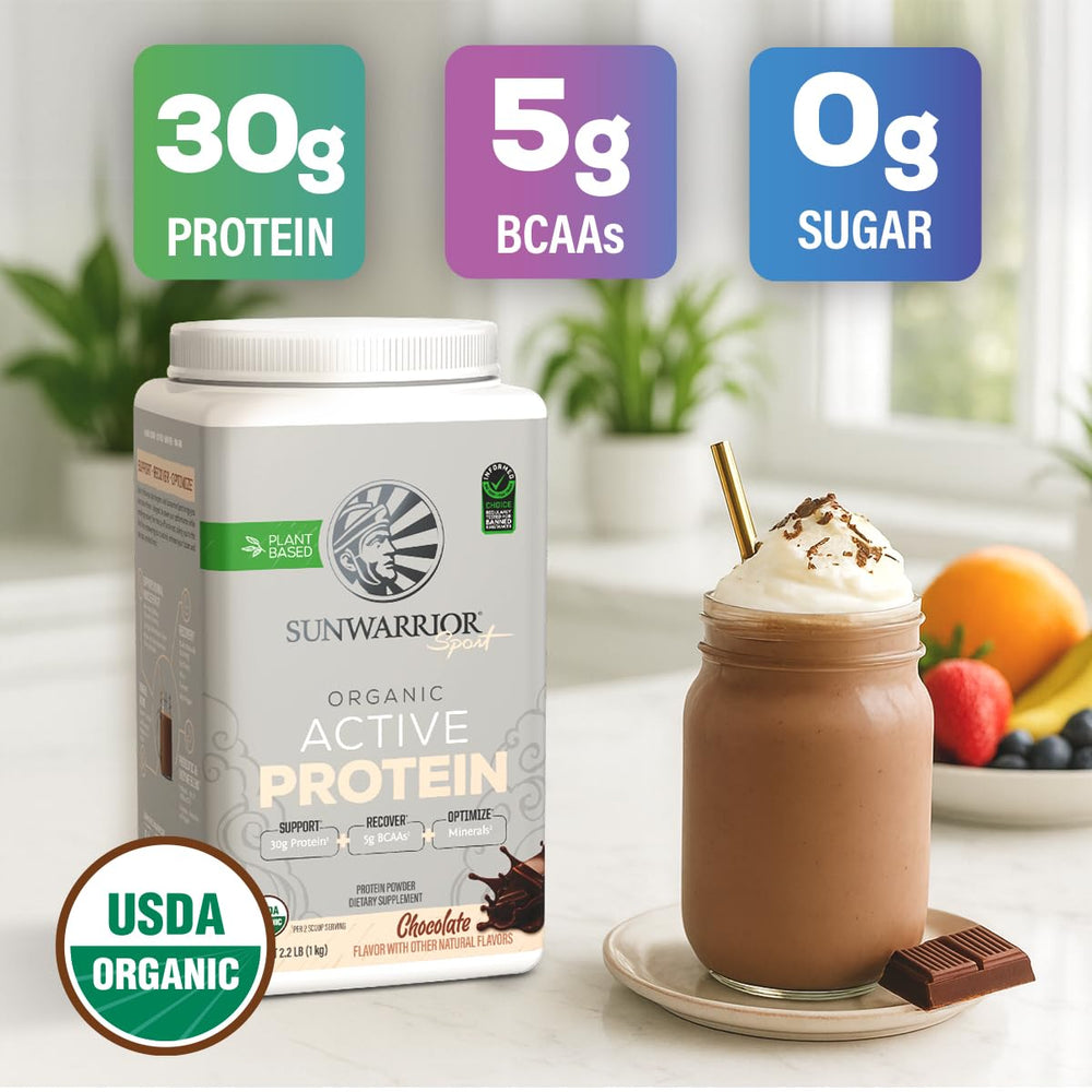 Sunwarrior protein mix bottle label highlighting ingredients and organic certification