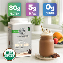 Sunwarrior protein mix bottle label highlighting ingredients and organic certification