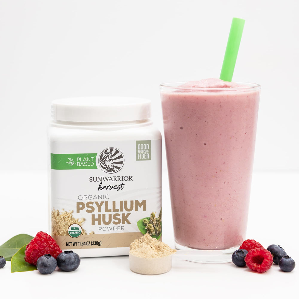 Sunwarrior Psyllium Husk Powder jar on a tidy kitchen counter.