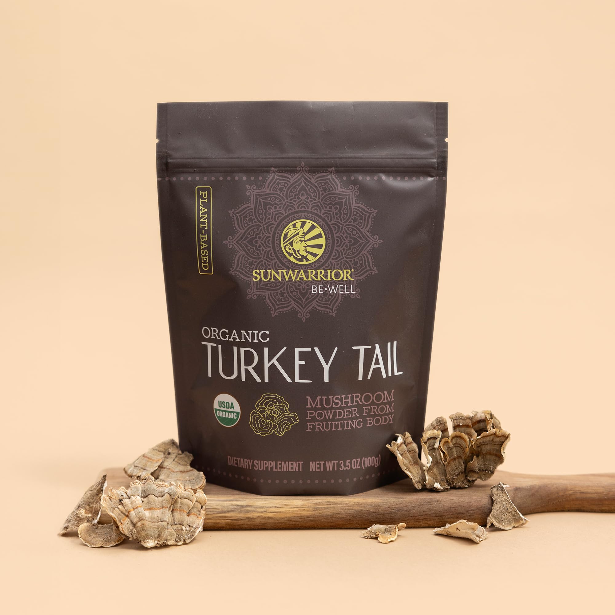 Sunwarrior Turkey Tail packaging on countertop highlighting 50 servings per pouch