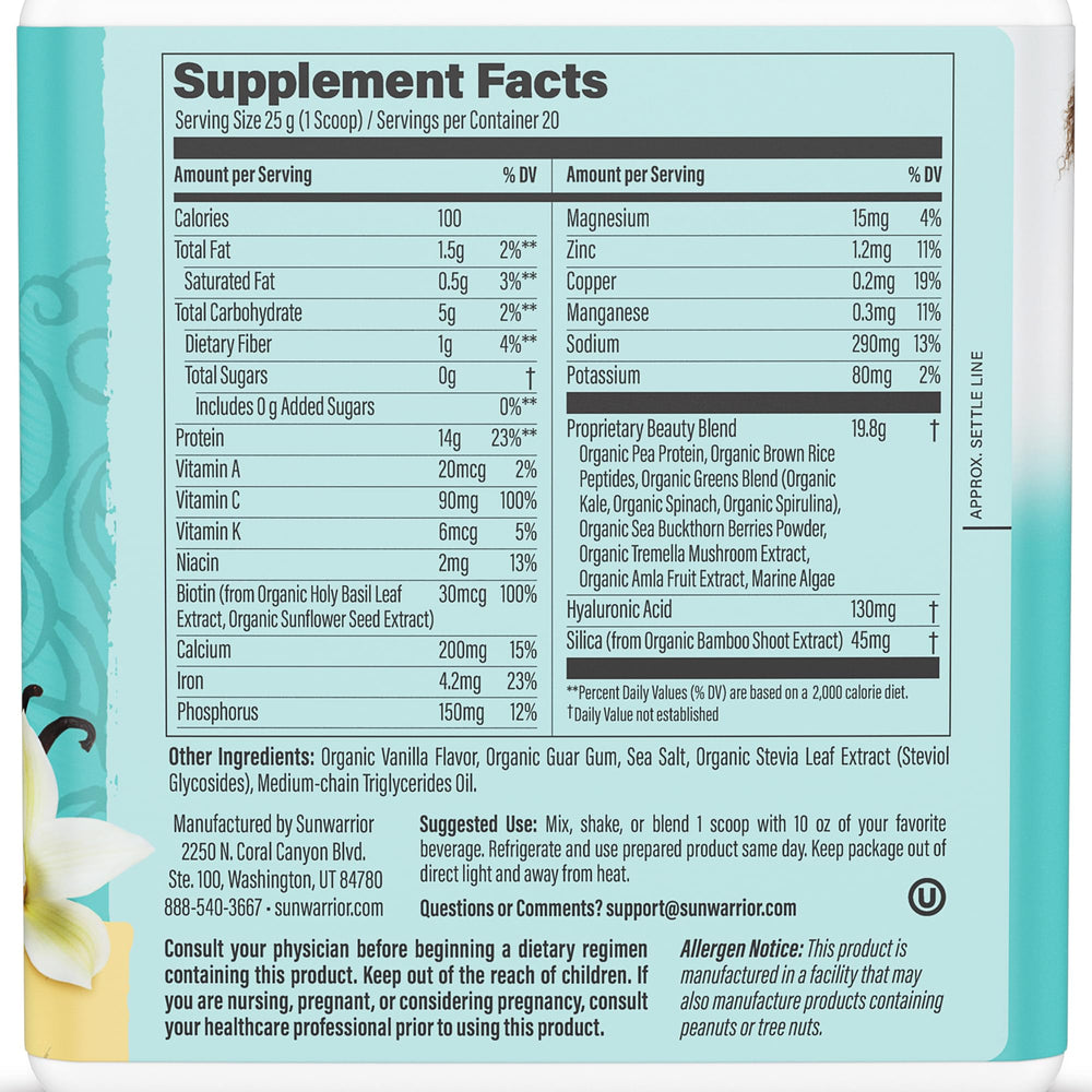 Sunwarrior vanilla collagen-building protein powder scoop for easy, precise measuring.