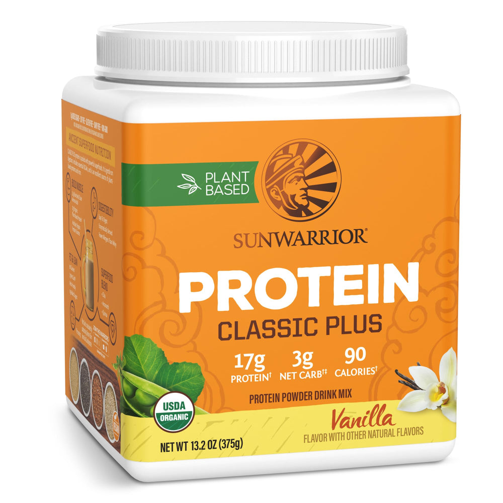Sunwarrior Vanilla Organic Protein Powder tub highlighting five superfood protein sources.