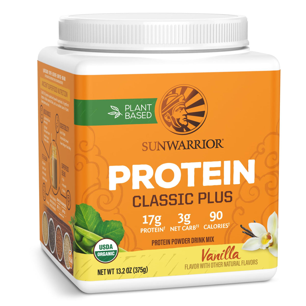 Sunwarrior Vanilla Organic Protein Powder tub highlighting five superfood protein sources.