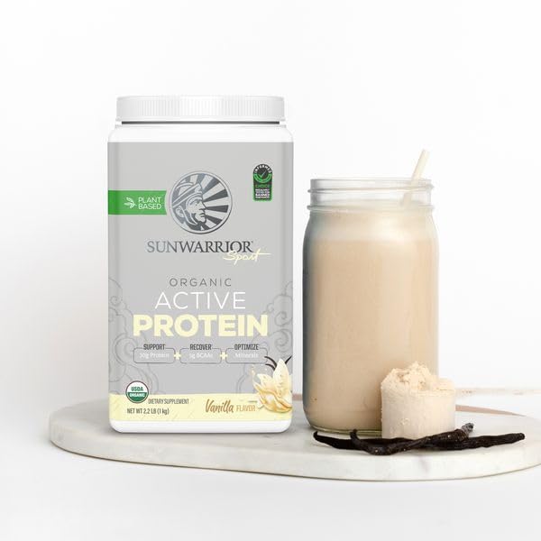 Sunwarrior vanilla protein bag closeup shows clean, allergen-free ingredients.