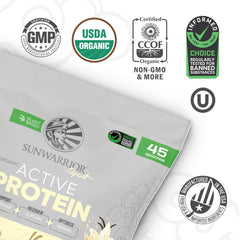 Sunwarrior vanilla protein label close-up highlighting organic non-GMO quality