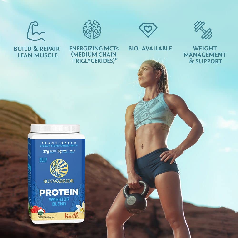 Sunwarrior vanilla protein servings container; portable nutrition for busy days.