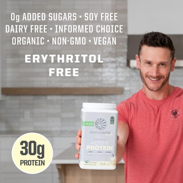 Sunwarrior vanilla protein shake in mug demonstrates convenient, on-the-go nutrition.