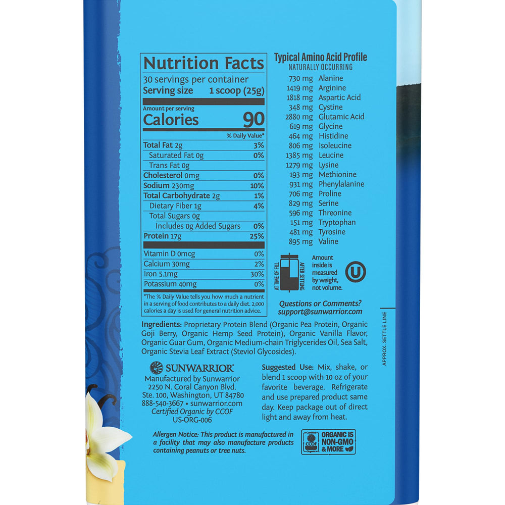 Sunwarrior Warrior Blend powder close-up highlights creamy texture and plant-based amino acids.