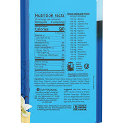 Sunwarrior Warrior Blend powder close-up highlights creamy texture and plant-based amino acids.