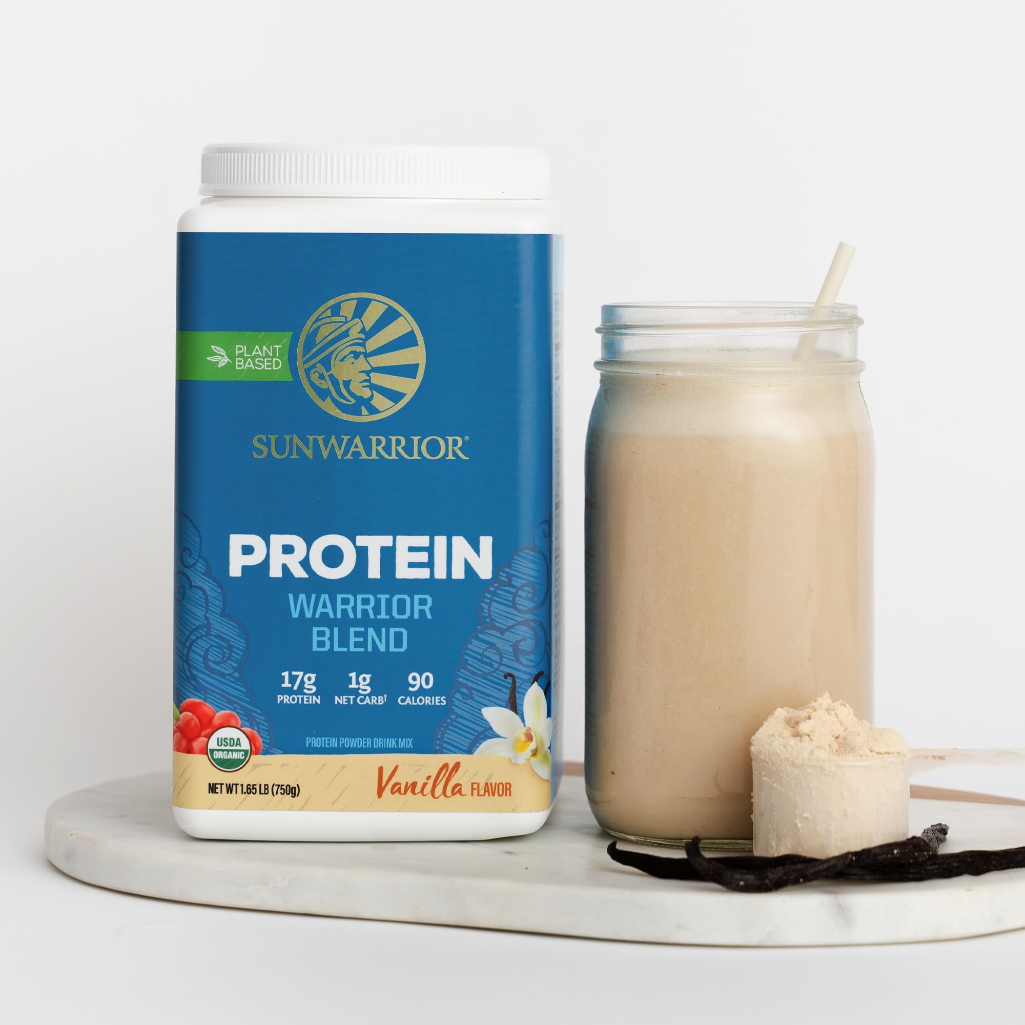 Sunwarrior Warrior Blend smoothie image demonstrates versatile, dairy-free protein boosts.