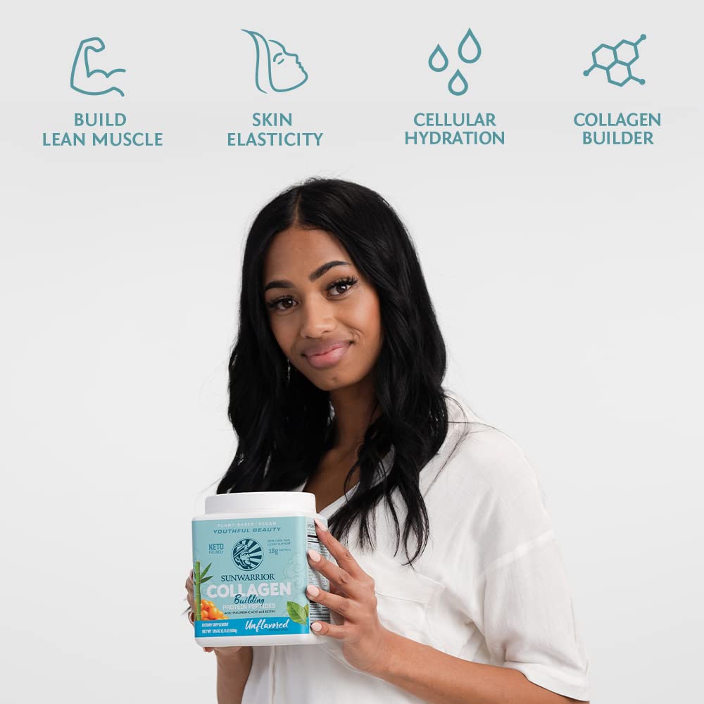 Sunwarrior vegan collagen ingredients label highlights organic greens and plant proteins