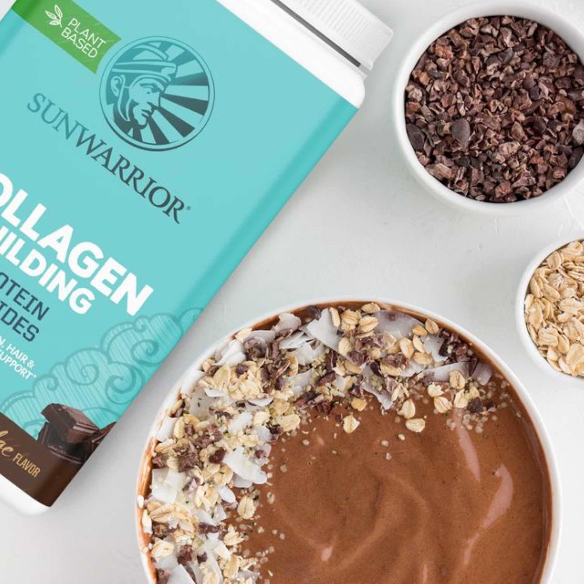 Sunwarrior packaging on kitchen counter emphasizes clean ingredients