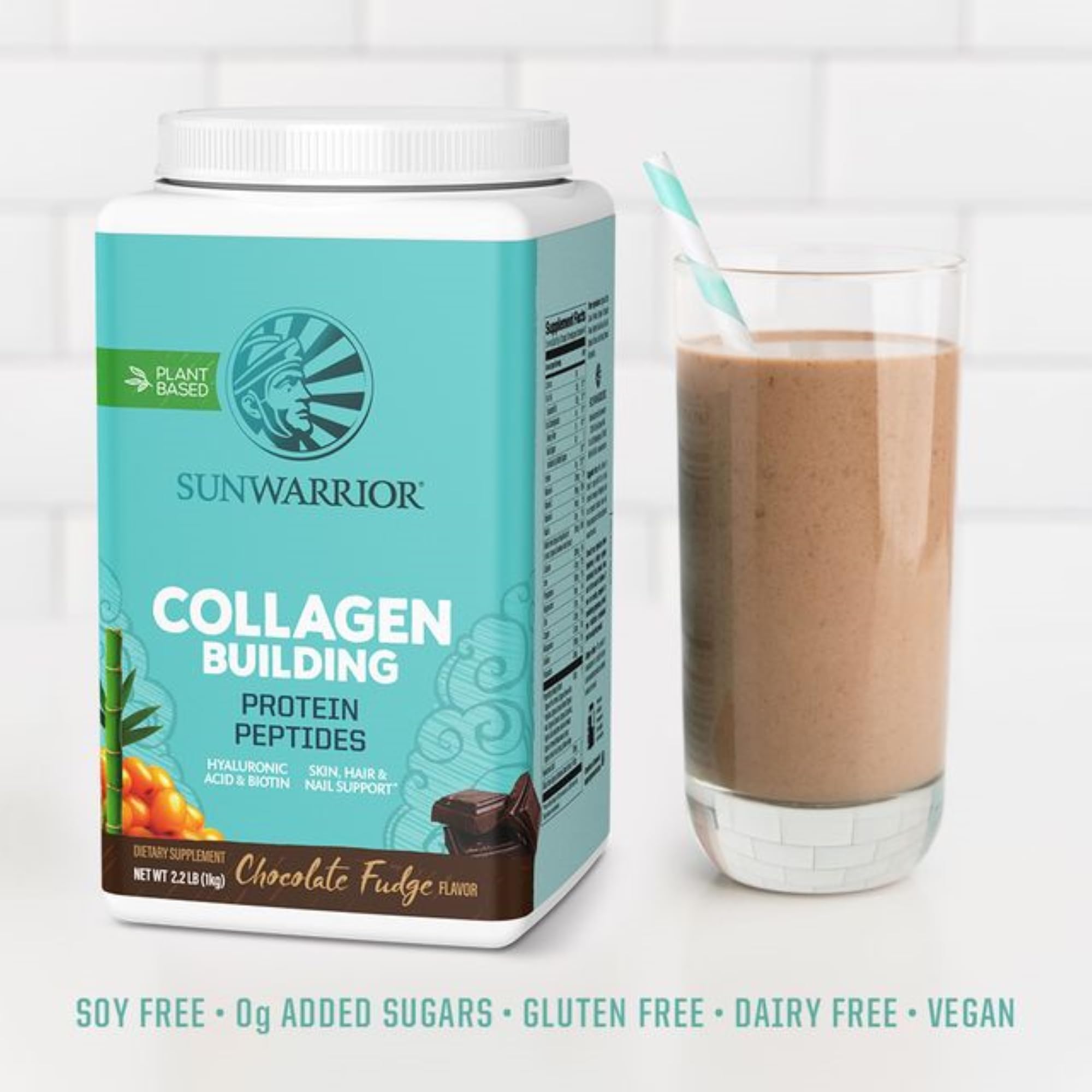 Sunwarrior vegan collagen shake in glass during workout