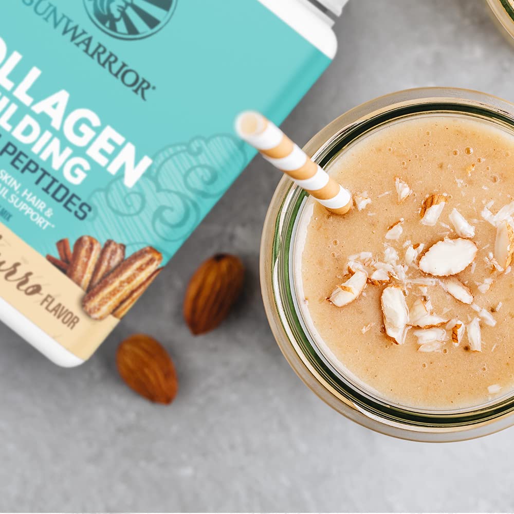Sunwarrior vegan collagen powder churro serving with water shows clean, sugar‑free option