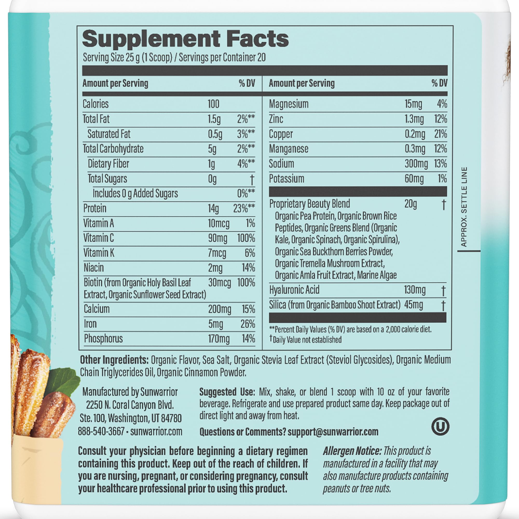 Sunwarrior vegan collagen powder churro scoop demonstrates easy mixing and portion control