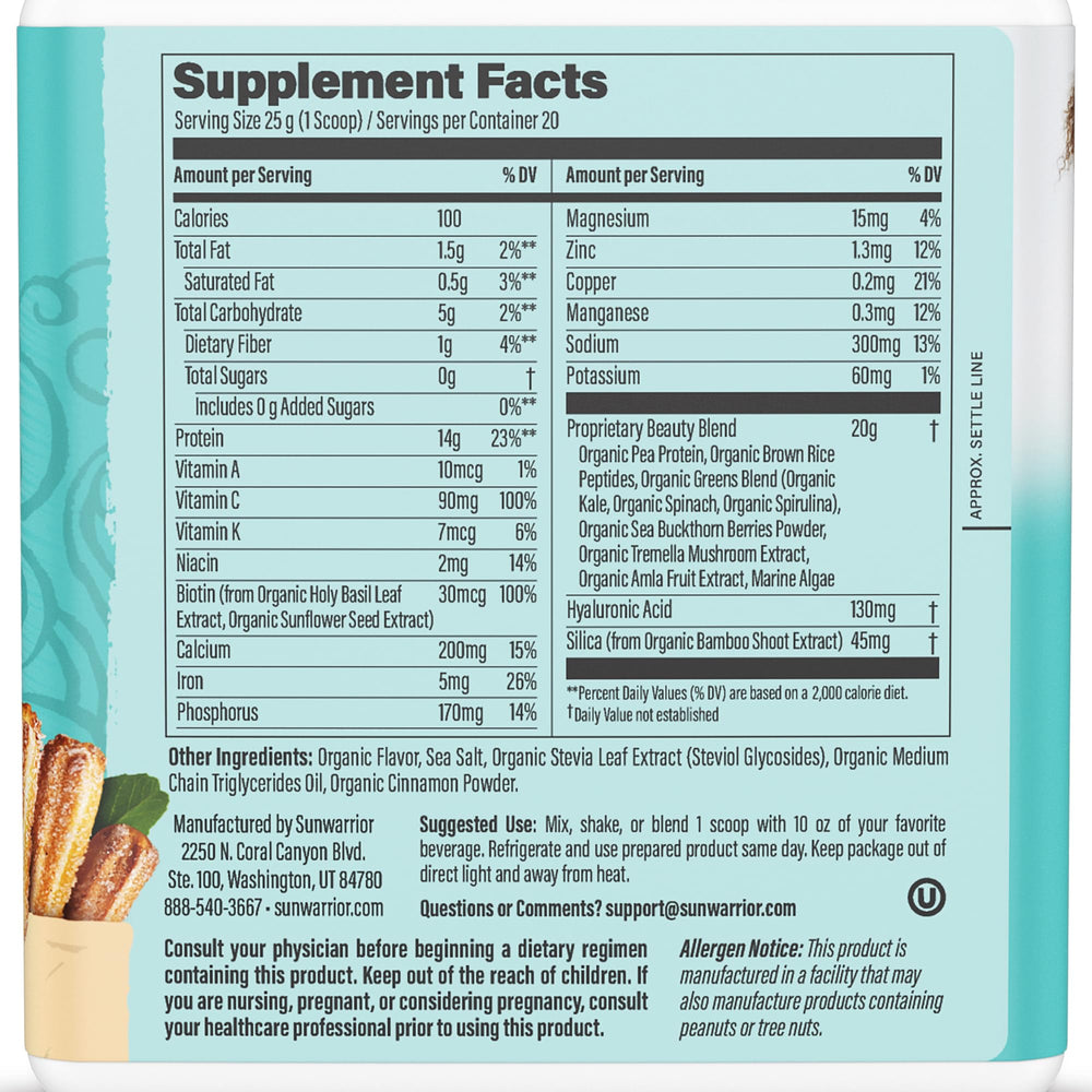Sunwarrior vegan collagen powder churro scoop demonstrates easy mixing and portion control