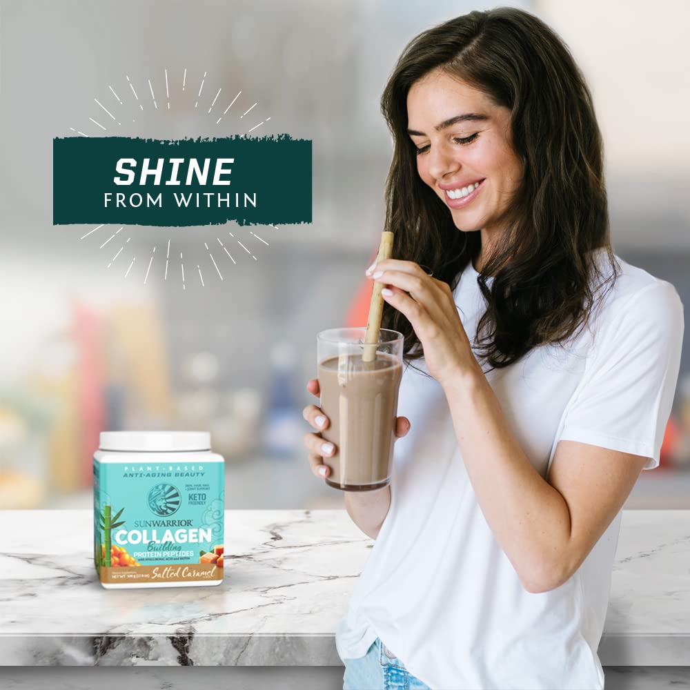 Sunwarrior logo on salted caramel collagen powder jar for daily use