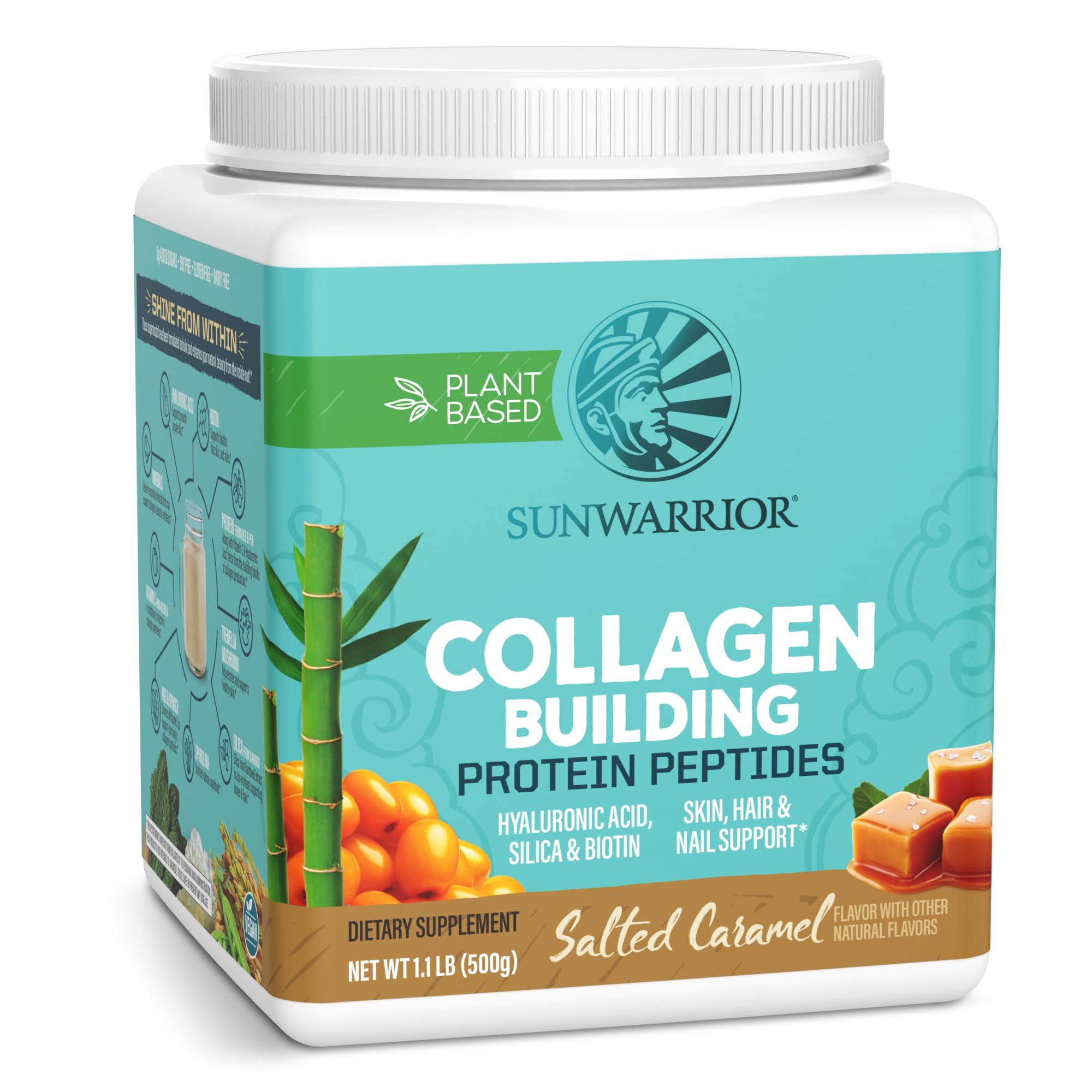 Sunwarrior vegan collagen powder salted caramel pours into a glass for hair and nails support