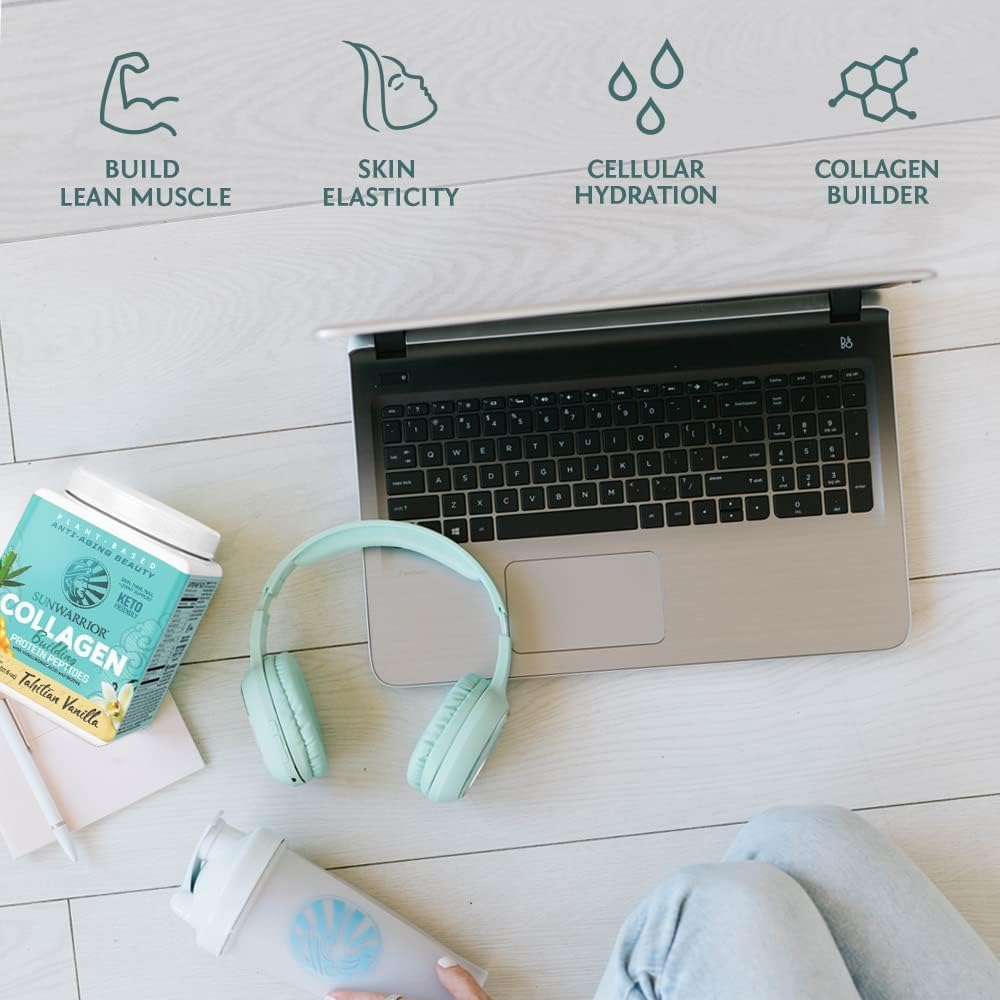 Sunwarrior vegan collagen protein powder bottle label emphasizes clean, allergen-free ingredients.