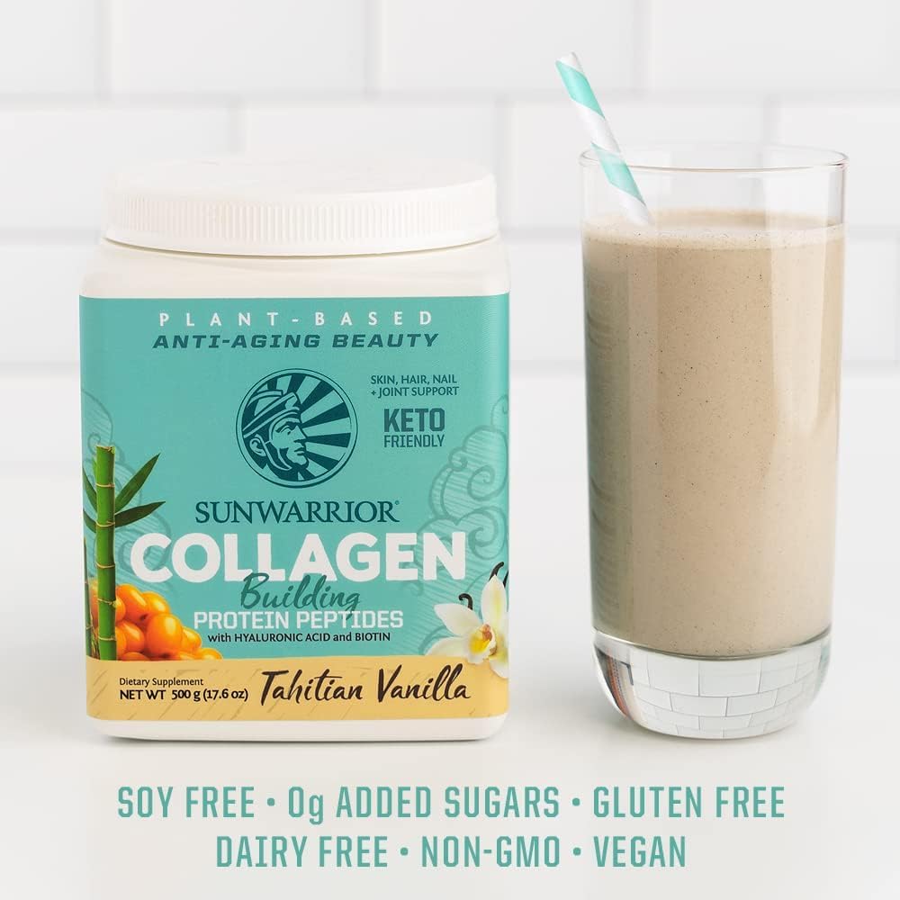Sunwarrior vegan collagen protein powder ingredients closeup features silica biotin and hyaluronic acid.