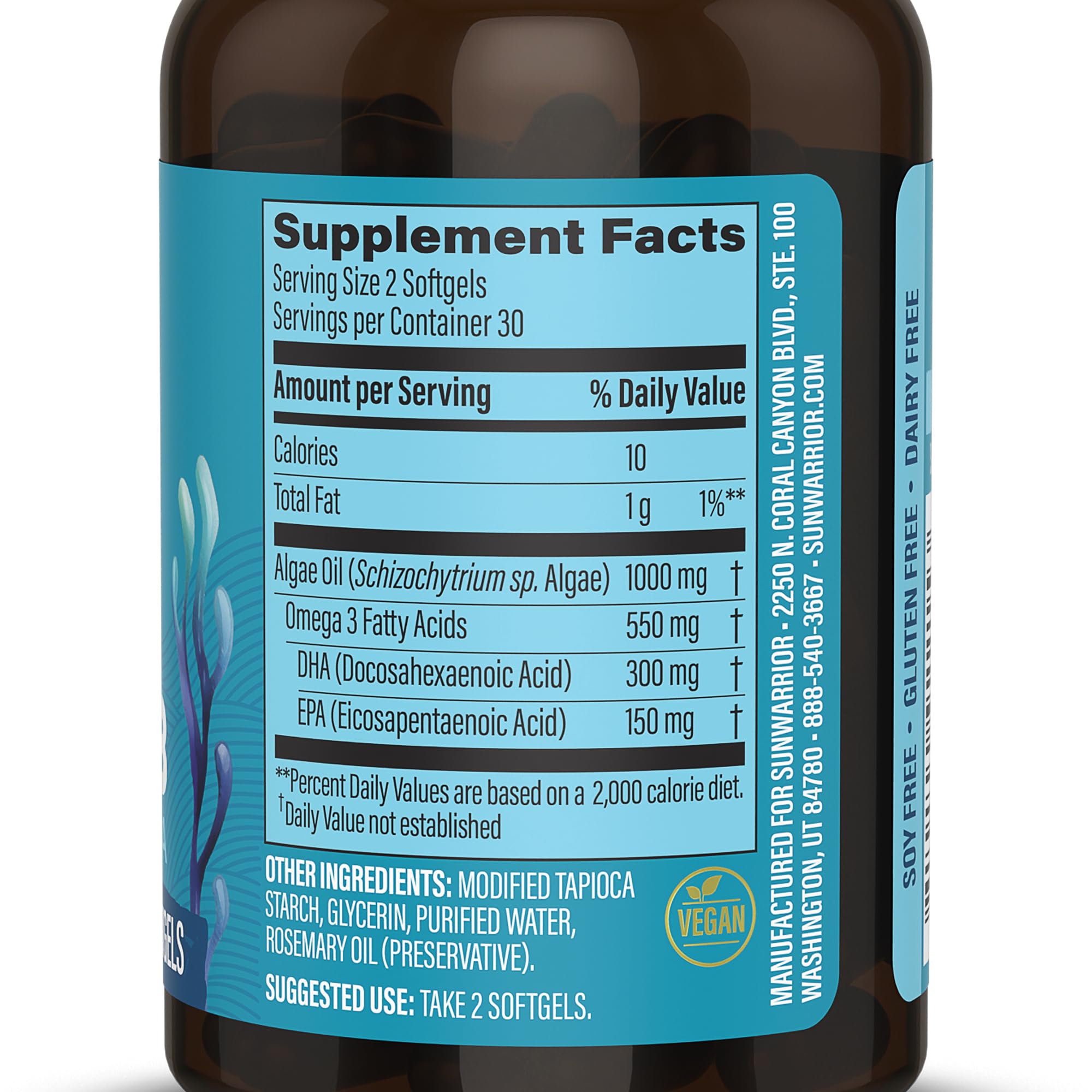 Sunwarrior Vegan Omega-3 softgels close-up; smooth capsules for easy daily intake.