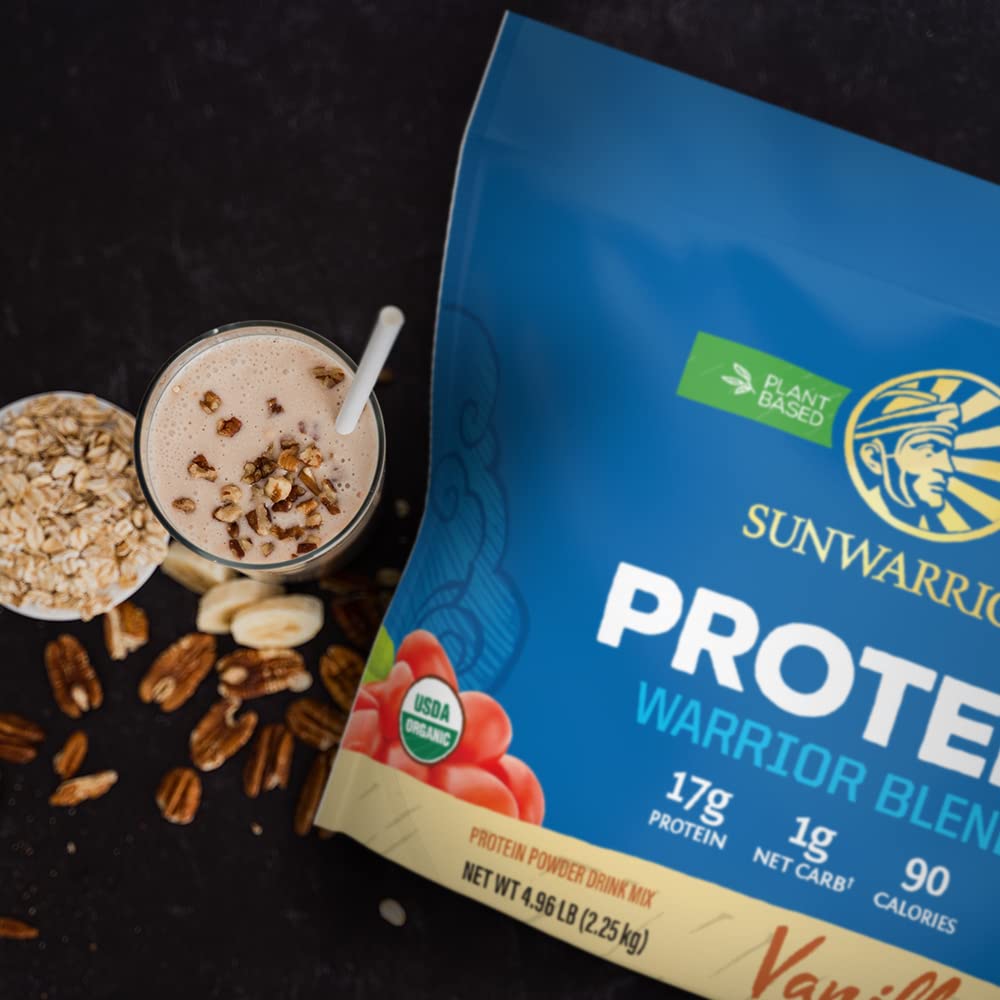 Sunwarrior vegan protein powder on display, highlighting quality hemp and pea ingredients for plant-based nutrition