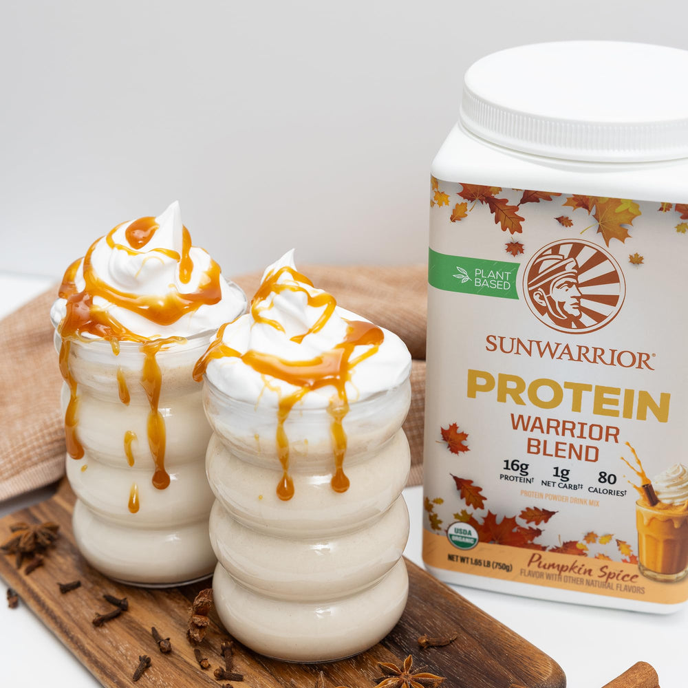 Sunwarrior pumpkin spice in blender illustrating a smooth, versatile plant protein base.