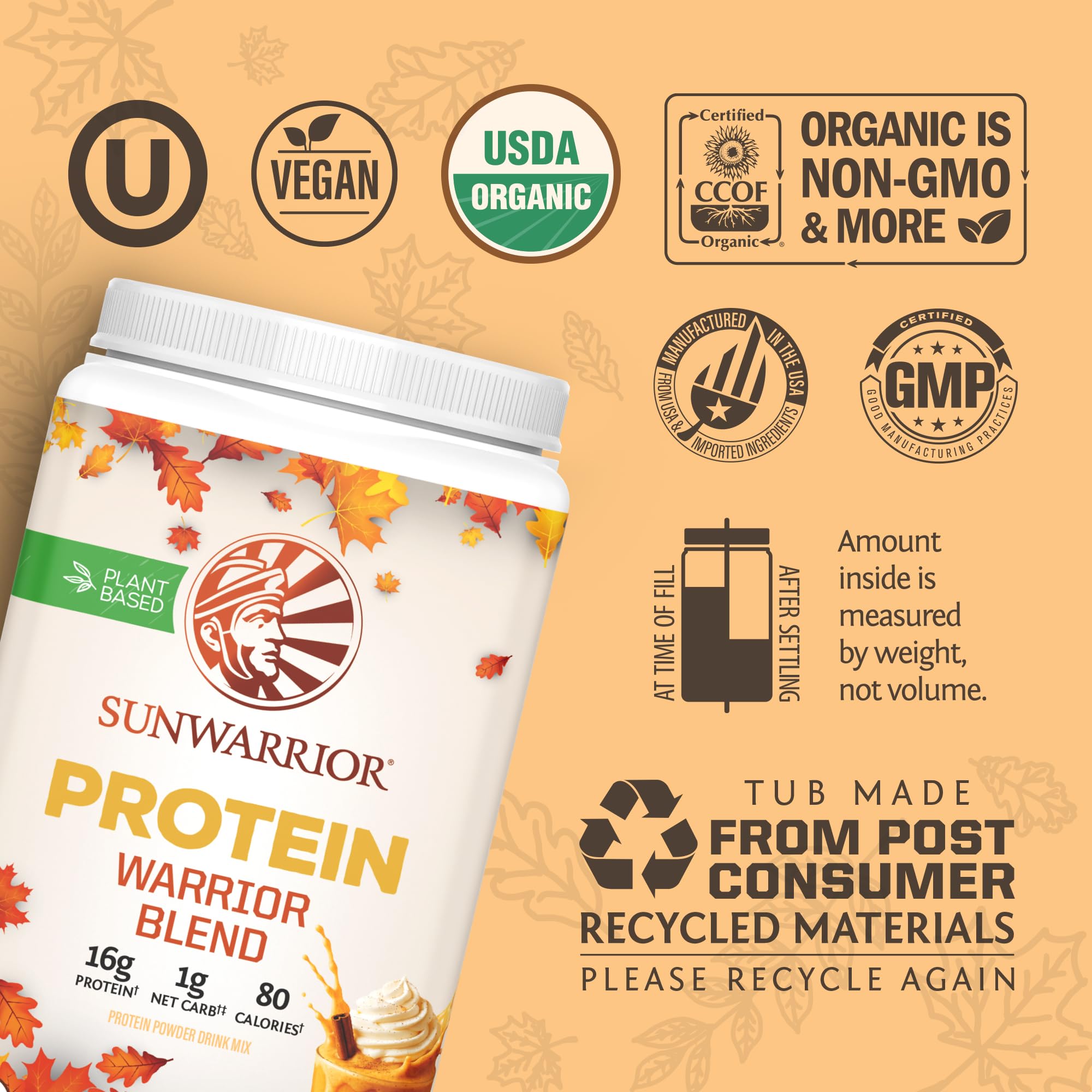 Sunwarrior pumpkin spice powder whisked into a smoothie showing creamy plant protein texture.