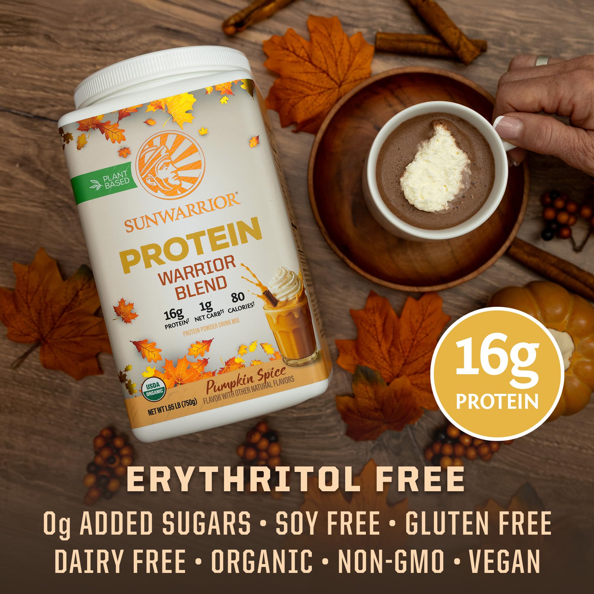 Sunwarrior pumpkin spice scoop beside a glass for easy daily protein intake.