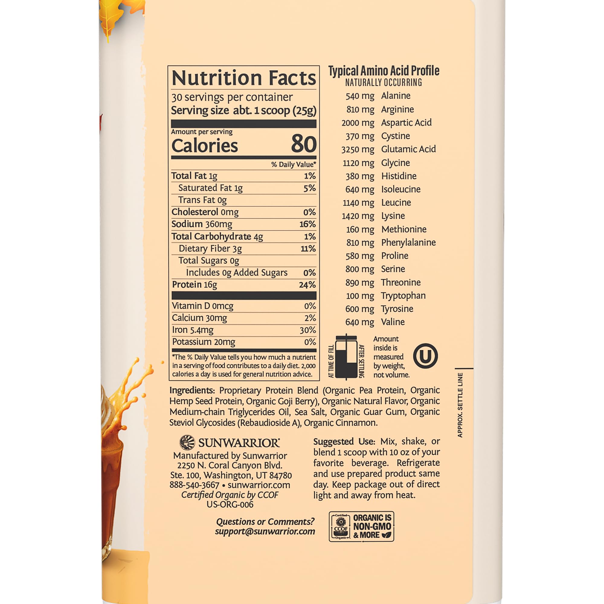 Sunwarrior pumpkin spice shaker pouring into a glass for quick post-workout protein boost.