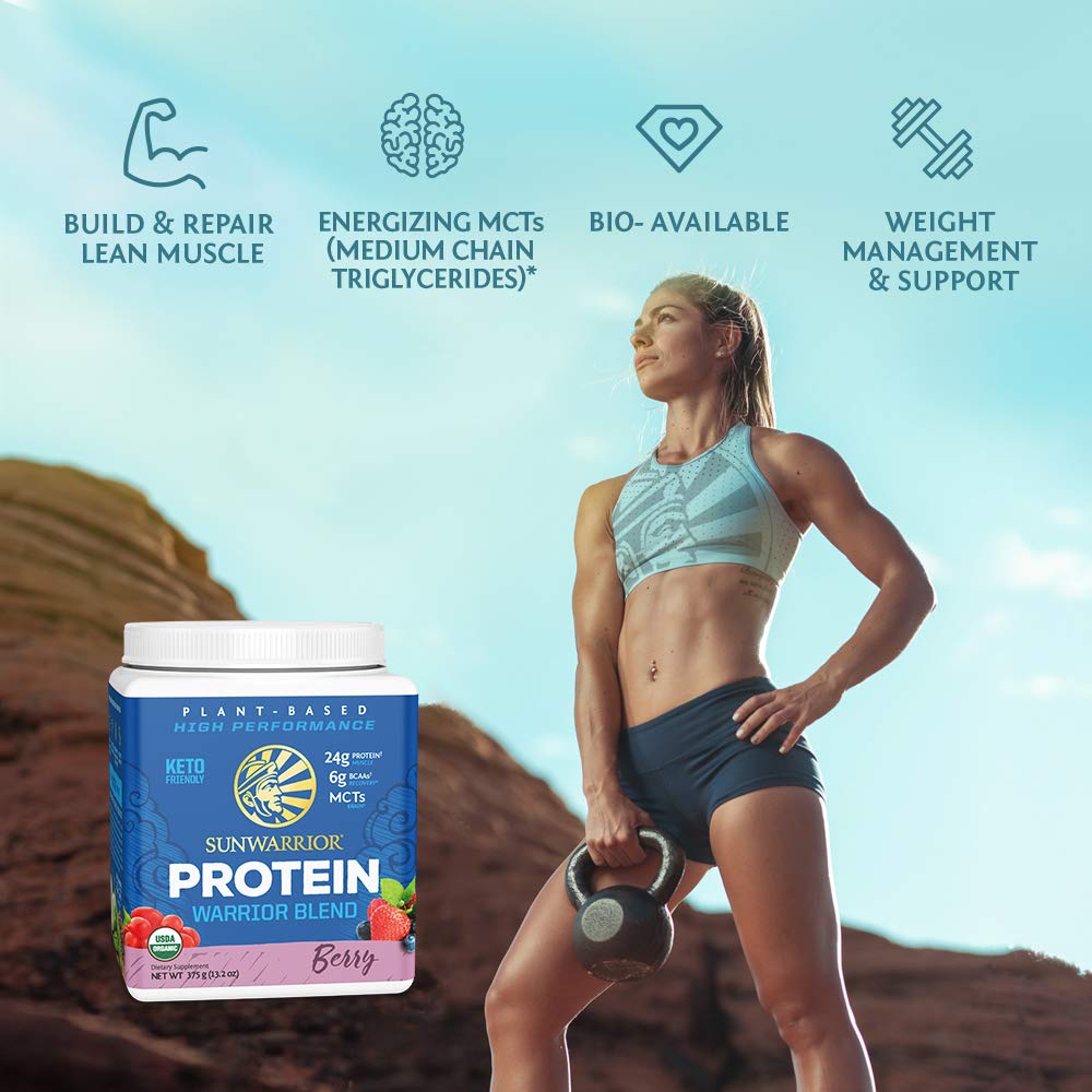 Sunwarrior Warrior Blend Berry ingredients close‑up featuring hemp and goji berries