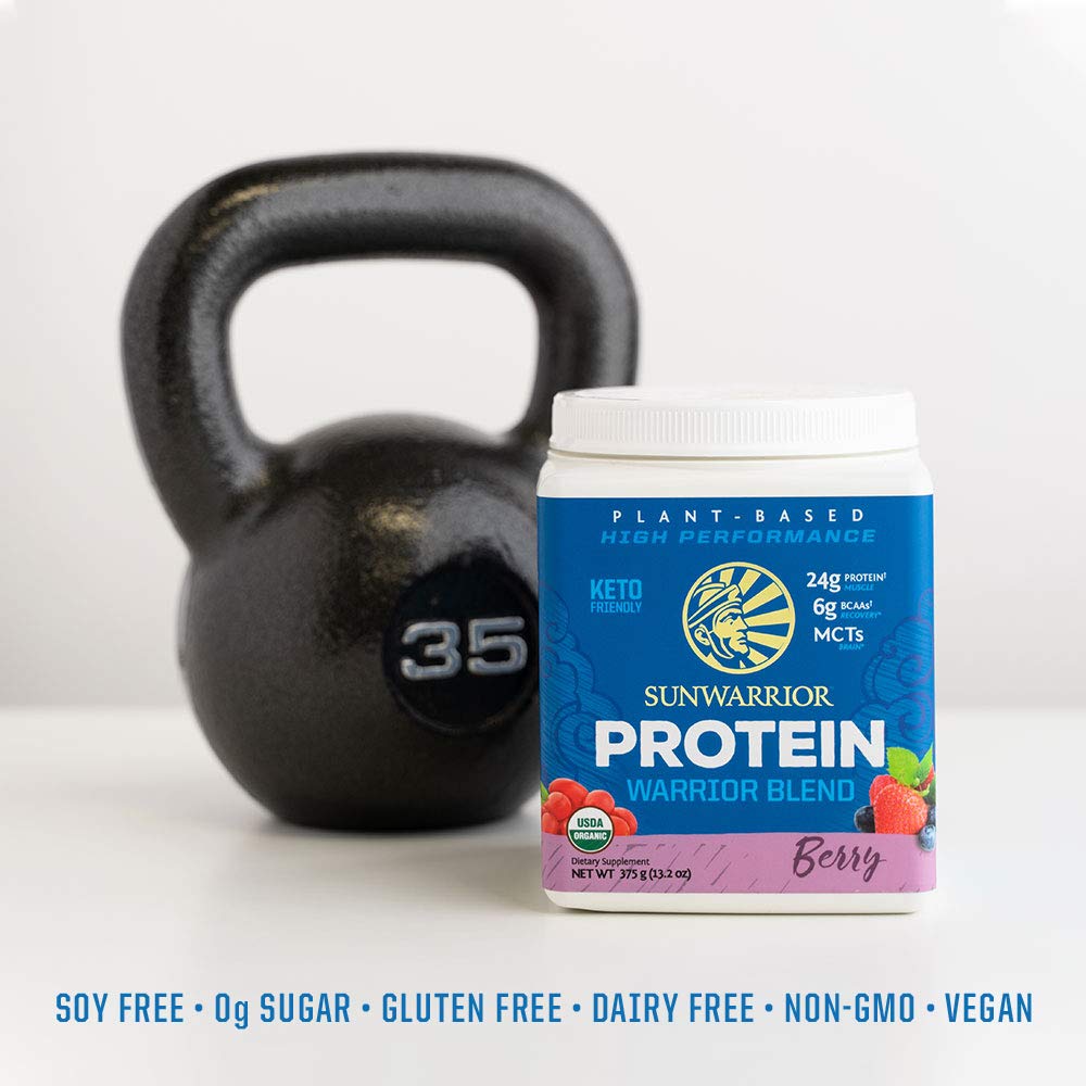 Sunwarrior Warrior Blend Berry packaging emphasizing gluten‑free and dairy‑free formula