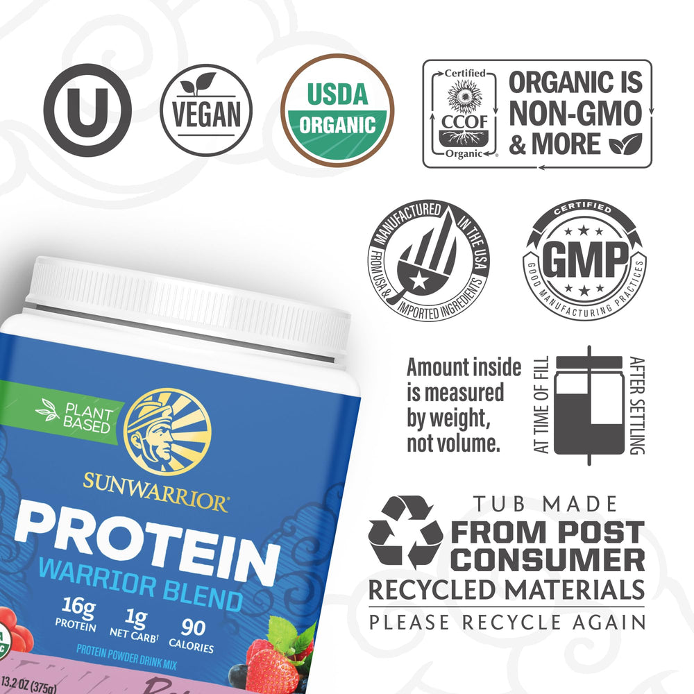 Sunwarrior Warrior Blend Berry shake glass highlighting creamy plant protein