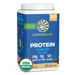 Sunwarrior Warrior Blend mocha bottle shows vegan protein for post-workout support.